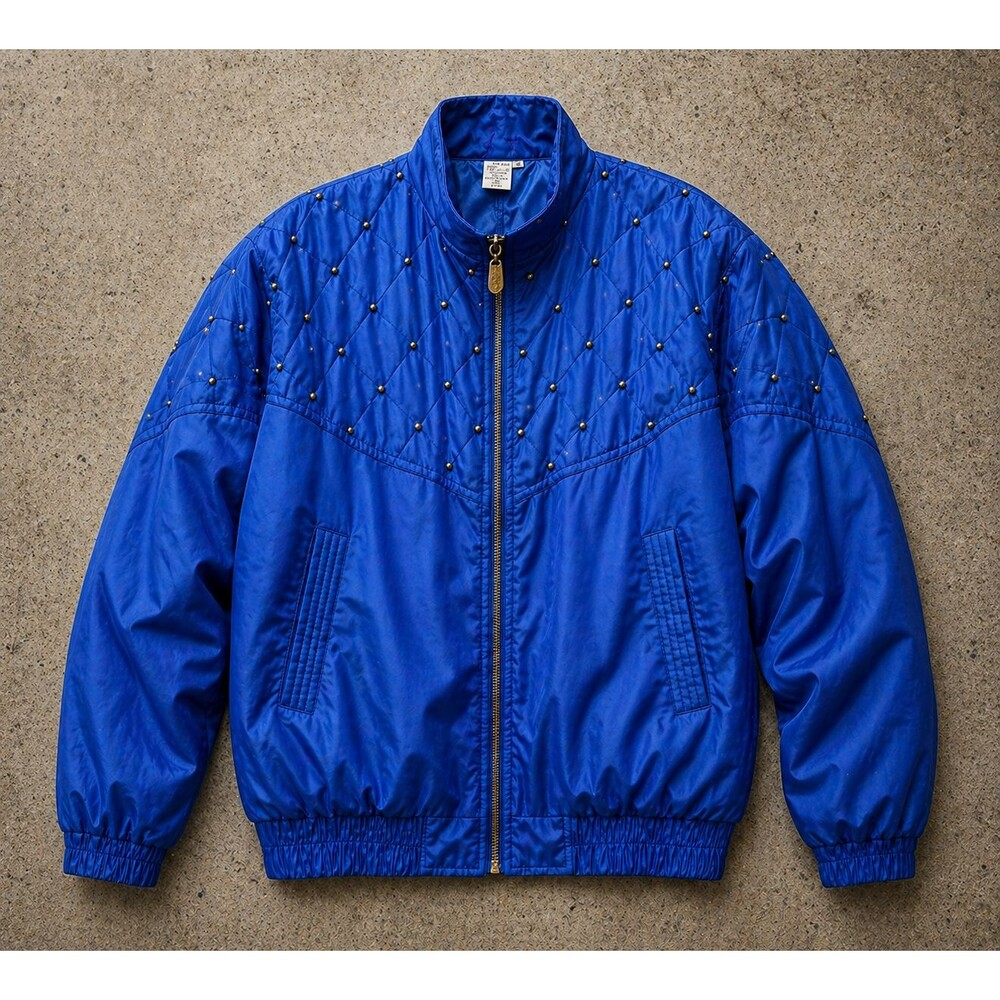 Vintage 80s Silk Bomber Jacket Womens M Cobalt Blue Studded Western Glam